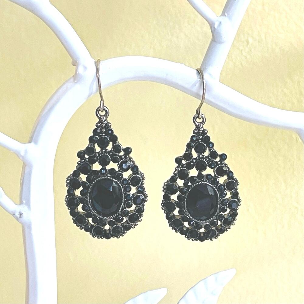 Vtg MONET Earrings Black Faceted Rhinestone Teardrop Hook Drop Dangle Pierced